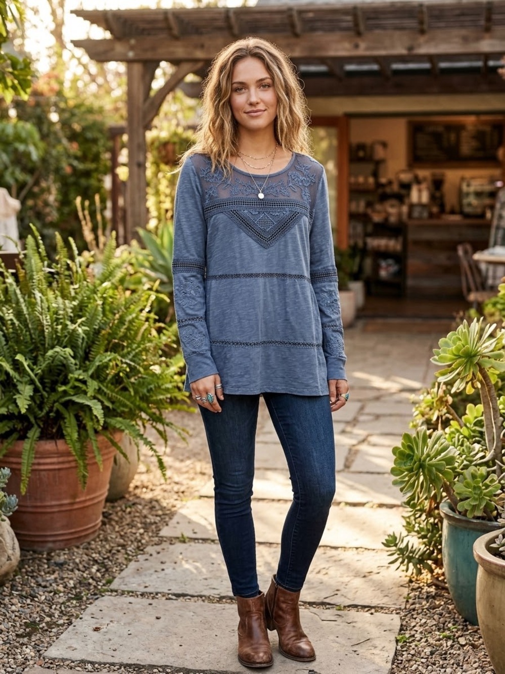 Sundance Slate Blue Embroidered Long Sleeve Lace-Detail Eden's Top Size XL